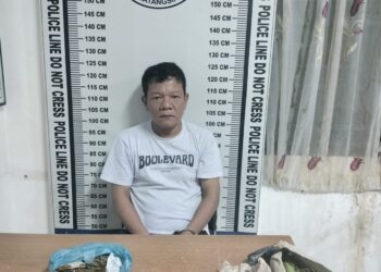 Foto terduga pengedar ganja dan barang bukti saat diamankan di kantor polisi.