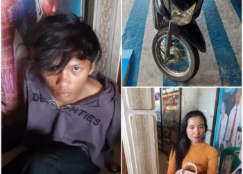 Foto pelaku jambret (kiri), barang bukti sepeda motor dan foto korban saat di kantor Polisi.