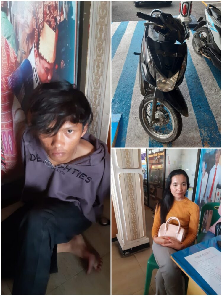 Foto pelaku jambret (kiri), barang bukti sepeda motor dan foto korban saat di kantor Polisi.