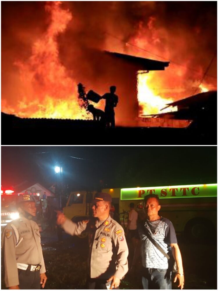 Tampak kobaran api membakar gudang mebel dan monbil damkar PT. STTC taampak berusaha memadamkan kobaran api.