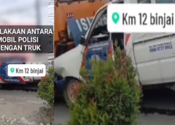 Kecelakaan di Deliserdang, Truk Tabrak Mobil Polisi, 2 Anggota Luka-Luka (Foto: Tangkapan Layar)