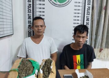 Foto kedua pelaku dan barang bukti ganja yang diamankan Sat Narkoba Polres Siantar.