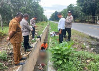 Petugas kepolisian saat melakukan olah TKP penemuan mayat laki-laki.