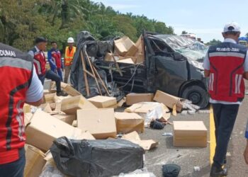 Pikap mengalami kecelakaan tunggal di Tol Pekanbaru-Dumai. (Foto: Istimewa)