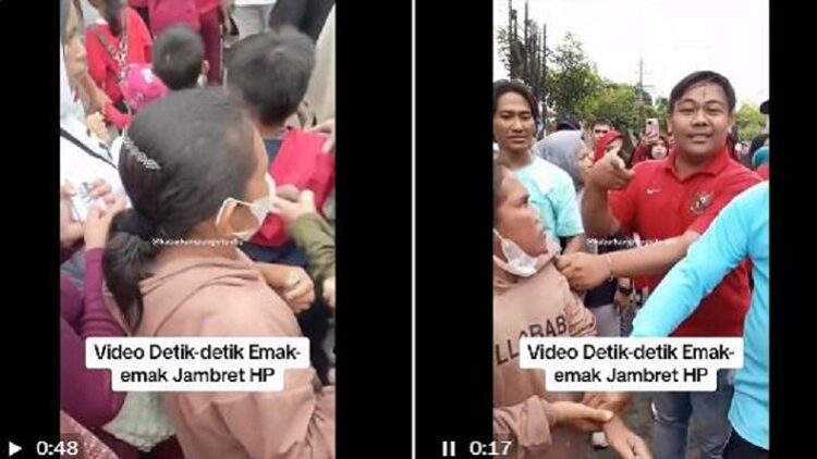 Tangkapan layar detik-detik emak-emak tertangkap basah mencopet di tengah kerumunan. (Foto: Twitter)