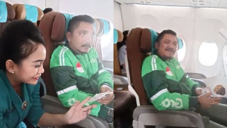 Driver ojol asal Medan saat naik pesawat untuk membeli bakpia pathok pesanan pelanggan di Jogja. (Foto: @penyuka_ombak)