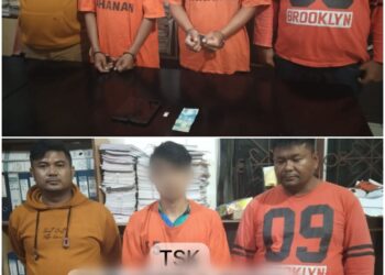 Foto ketiga tersangka dan barang bukti yang diamankan Polsek Parapat.