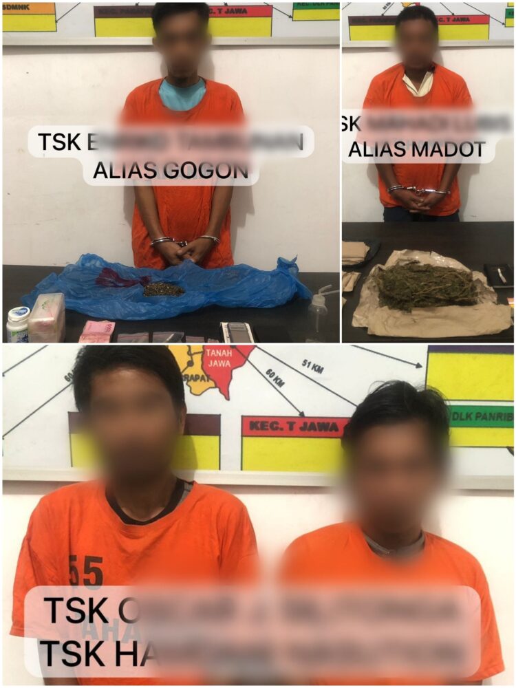 Foto para tersangka dan barang bukti narkoba yang diamankan Polsek Perdagangan.
