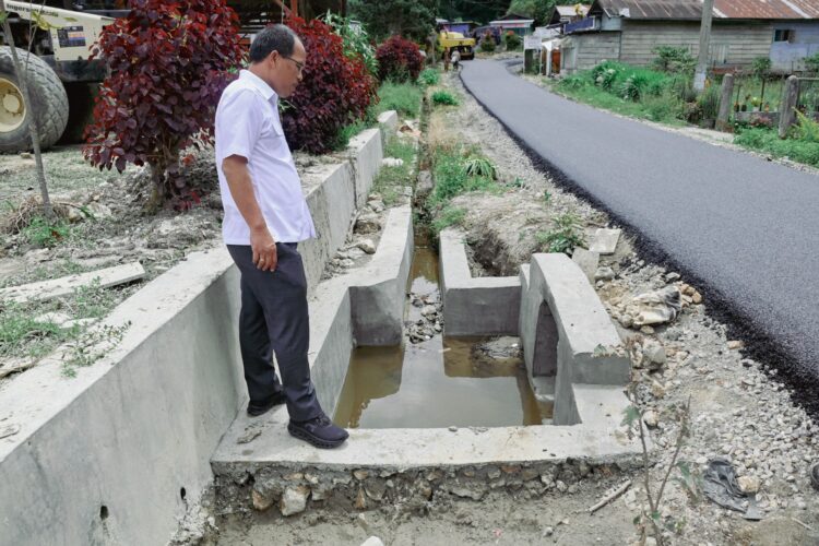 Bupati Humbahas, Dosmar Banjarnahor, saat meninjau pembangunan hotmix Jalan Pollung-Siriaria, Kecamatan Pollung, beberapa hari lalu.