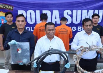 Foto: Keterangan pers pencurian kabel lampu di jalan tol di Sergai. (Istimewa)
