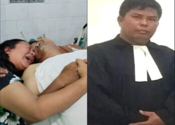 Istri almarhum menangisi kepergian Pdt Parlin Simangunsong dan foto Pdt Parlin Simangunsong semasa hidupnya.