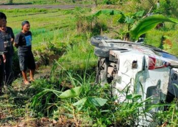 Mobil yang membawa pelajar terperosok ke sawah di Taput. (Foto: Dok. Polres Taput)