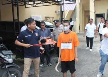 Rekonstruksi kasus pembunuhan di halaman Sat Reskrim Polres Sergai, (Rabu, 06/12/2023). Tribun Medan/ IST