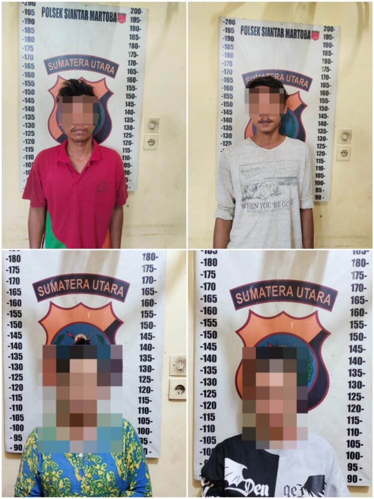 Foto ke empat pelaku penganiayaan yang diamankan Polsek Siantar Martoba.