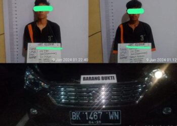 RS alias Dani (24) dan AHN (24) pelaku pencurian kendaraan bermotor diamankan pOLRES Labuhan Batu beserta barang bukti 1 Unit Mobil Suzuki Ertiga, Minggu (14/1/2024).