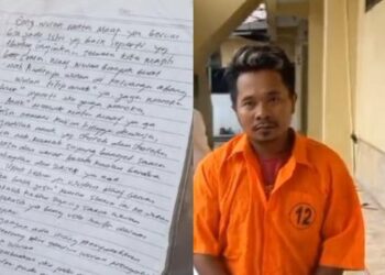 Foto: Kolase tersangka saat diamankan dan bukti surat wasiat yang ditulisnya. (Istimewa).