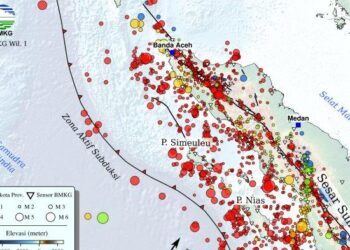 Sebaran gempa di Wilayah Sumatera Utara-Aceh berdasarkan catatan BMKG Wilayah 1 sepanjang tahun 2023 per 28 Desember 2023. HO
