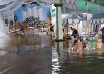 Banjir yang menggenangi di lokasi acara pernikahan. Foto: Dok. TikTok @ahmadteguhkurniawan1.