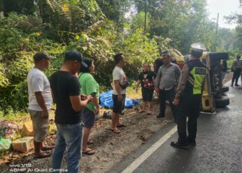 Satuan Lalulintas Polres Simalungun sigap membantu proses evakuasi korban penumpang Bus PT. Lalupa Karona yang alami kecelakaan tunggal.