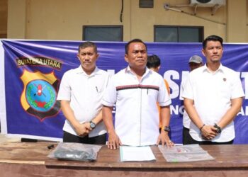 Polres Sergai saat merilis kasus pencurian uang di ATM. (Foto: Dok. Polres Sergai)