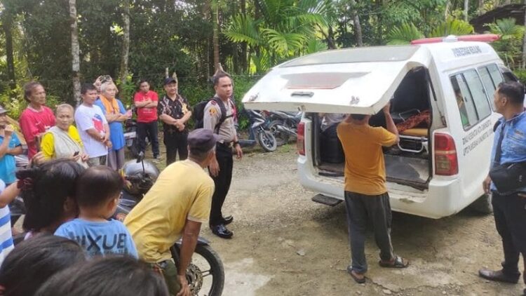 Seorang wanita berinisial AD alias Ina Nita Laoli (63) di Dusun III Desa Hiligodu Olu, Kota Gunungsitoli dievakuasi menggunakan ambulans usai menyayat perutnya dengan pisau, Jumat (19/7/2024). (Foto: Dok. Humas Polres Nias).
