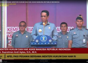 Jajaran Lapas Kelas IIA Pematangsiantar mengikuti apel pagi perdana bersama Menteri Hukum dan Hak Asasi Manusia (Menkumham) yang baru, Supratman Andi Agtas.