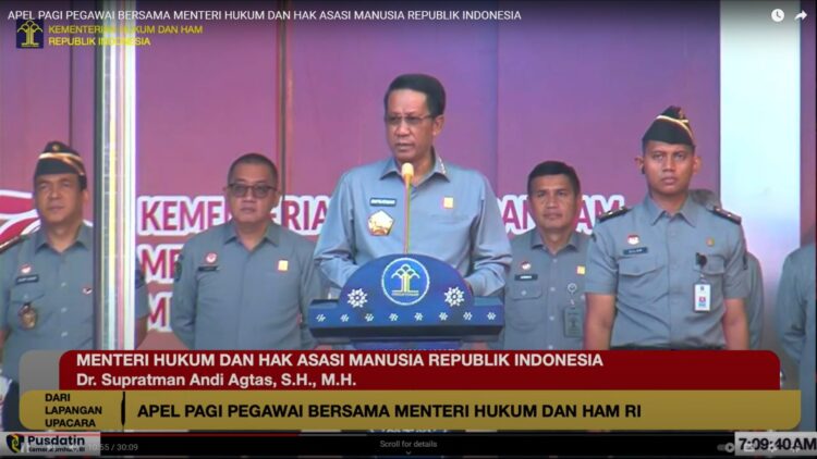 Jajaran Lapas Kelas IIA Pematangsiantar mengikuti apel pagi perdana bersama Menteri Hukum dan Hak Asasi Manusia (Menkumham) yang baru, Supratman Andi Agtas.