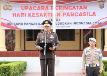 Polres Pematangsiantar melaksanakan upacara peringatan Hari Kesaktian Pancasila Tahun 2024, di Lapangan Apel Polres Pematangsiantar, Selasa (1/10/2024) pagi.