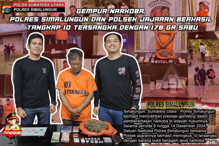 Sepekan operasi, Polres Simalungun berhasil mengamankan 10 tersangka dengan total 178,32 gram sabu.