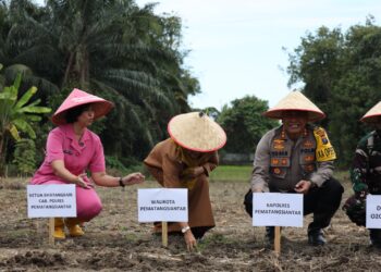 Kapolres Pematangsiantar, AKBP Yogen Heroes Baruno SH, SIK, pimpin pelaksanaan tanam benih jagung serentak 1 juta hektar, di Jln Sumber Jaya II Pematangsiantar, pada Selasa (21/1/2025).