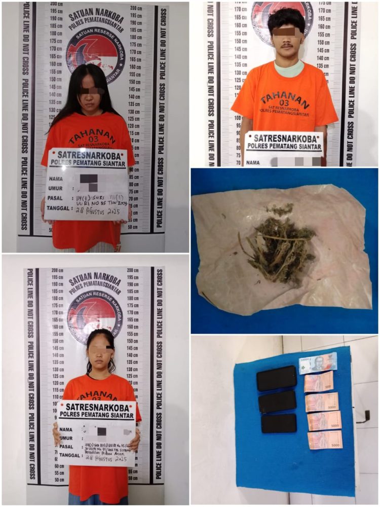 Foto ketiga pelaku dan barang bukti yang diamankan Sat Nakoba Polres Pematangsiantar.