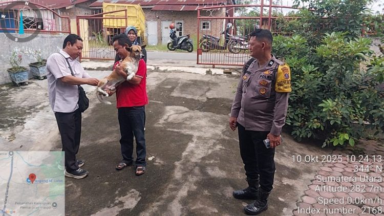 Bhabinkamtibmas Kelurahan Tambun Nabolon, AIPTU Jonson Hutahuruk bersama Lurah dampingi pelaksanaan vaksinasi rabies hewan peliharaan masyarakat, di jalan Tambun Timur, pada Kamis (9/10/2025) pagi.
