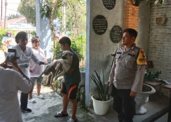 Bhabinkamtibmas Kelurahan Teladan, BRIPKA Irwan Surya Darma, mendampingi petugas kesehatan melakukan vaksinasi rabies hewan peliharaan masyarakat, di Jalan Simbolon, pada Rabu (8/10/2025) pagi.
