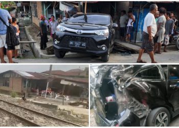 Di Siantar, Kereta Api Tabrak Minibus Hingga Berputar, Lalu Menghantam Warung