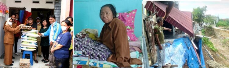 Teks Foto: 
Wali Kota memberi bantuan, warga yang sakit terpaksa mengungsi karena  rumahnya longsor, Peno menatap longsor  
Foto: IST