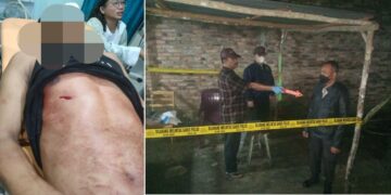 Teks Foto: Korban di rumah sakit dan Polisi melakukan olah TKP