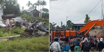 Rumah yang diratakan dan warga menghadang alat berat