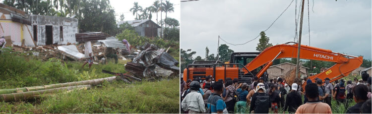 Rumah yang diratakan dan warga menghadang alat berat