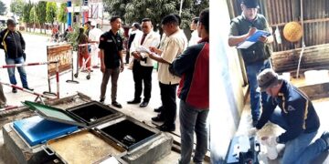 Tim Ditreskrimsus Polda Sumut memeriksa tempat penyimpanan minyak SPBU dan mengambil sampel air sumur