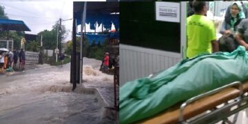 banjir yang meluap ke badan jalan dan korban di RS Tentera