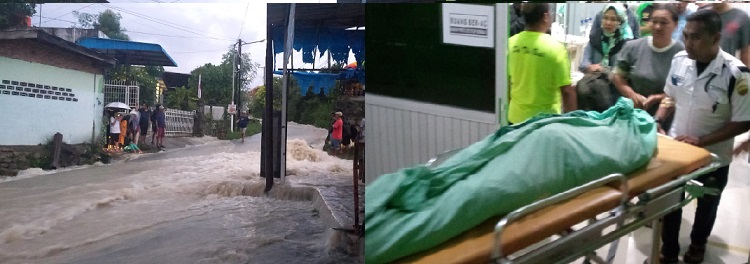 banjir yang meluap ke badan jalan dan korban di RS Tentera