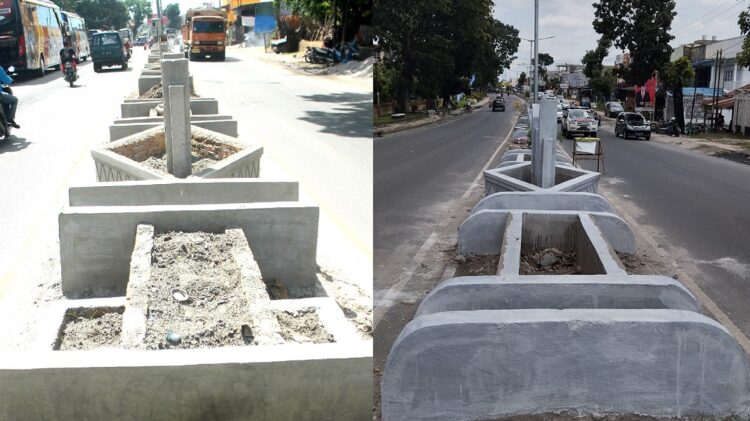 Bangunan di atas pulau jalan sebelumnya dan setelah dirobah