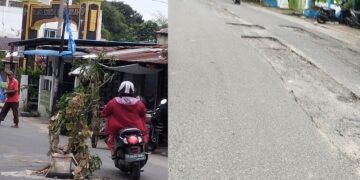 Pot bunga di jalan berlobang dan jalan yang dikorek belum juga diratakan