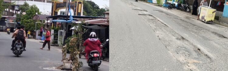 Pot bunga di jalan berlobang dan jalan yang dikorek belum juga diratakan