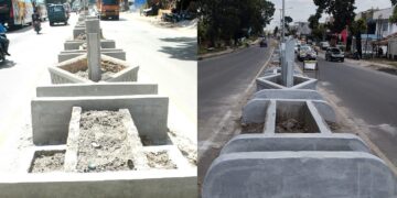 Bangunan di atas pulau jalan sebelumnya dan setelah dirobah