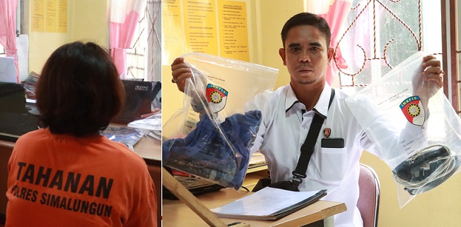 Pelaku saat diperiksa Polisi yang memperlihatkan barang bukti