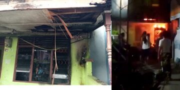 Api di teras rumah setelah padam dan saat marak