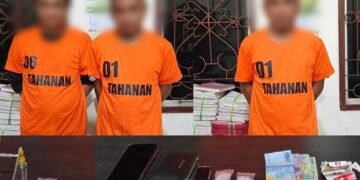 Ketiga tersangka dan barang bukti