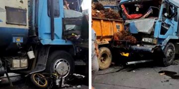 Truk tangki   gilas sepeda motor dan  hantam bagian belakang truk sawit