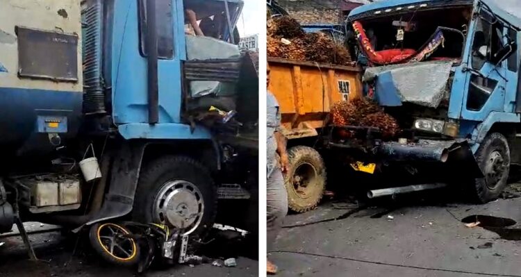 Truk tangki   gilas sepeda motor dan  hantam bagian belakang truk sawit